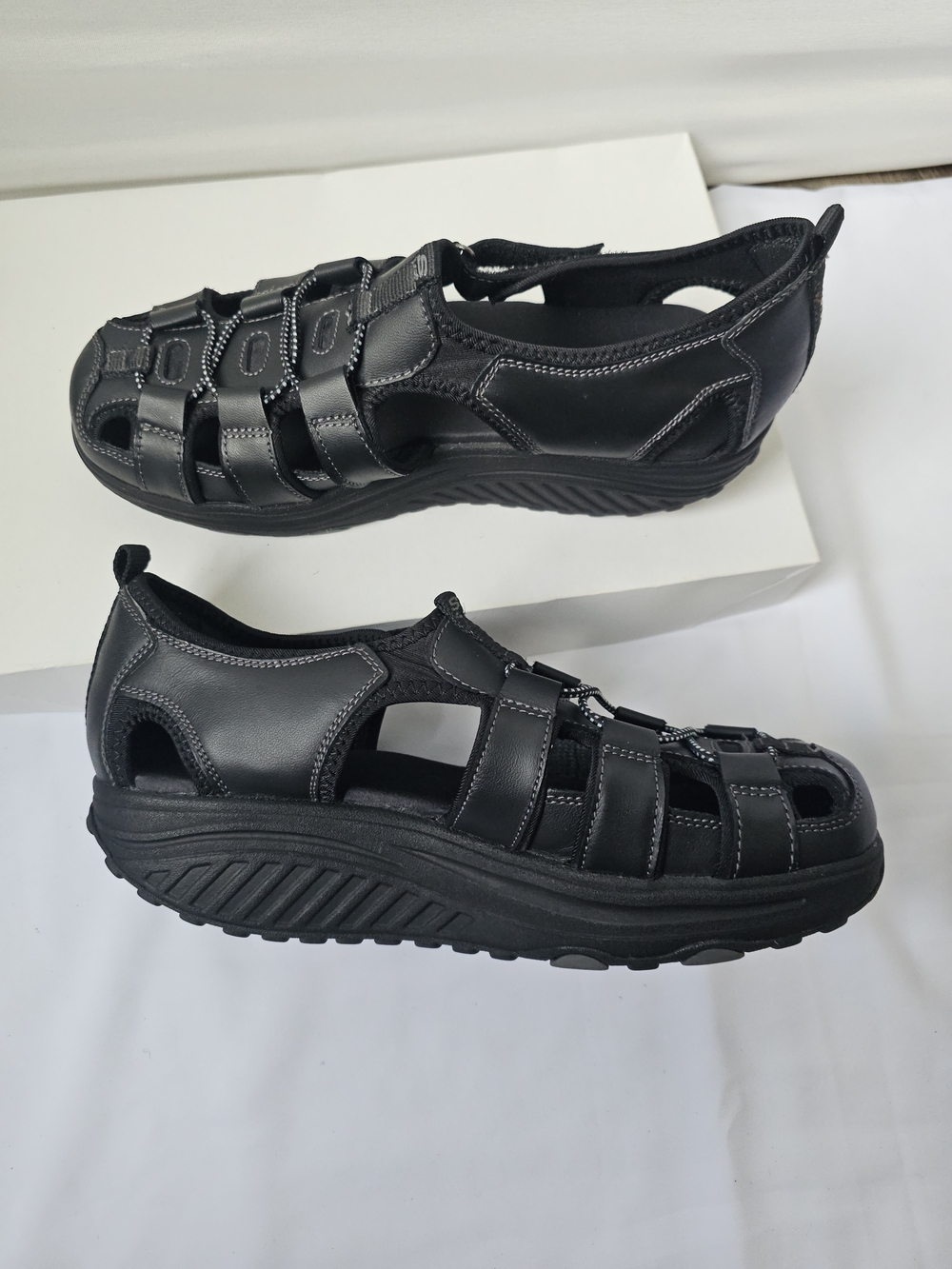 Skechers Shape-ups Trim Step Fisherman Sandals - Black Leather - Size 10 - Picture 13 of 16
